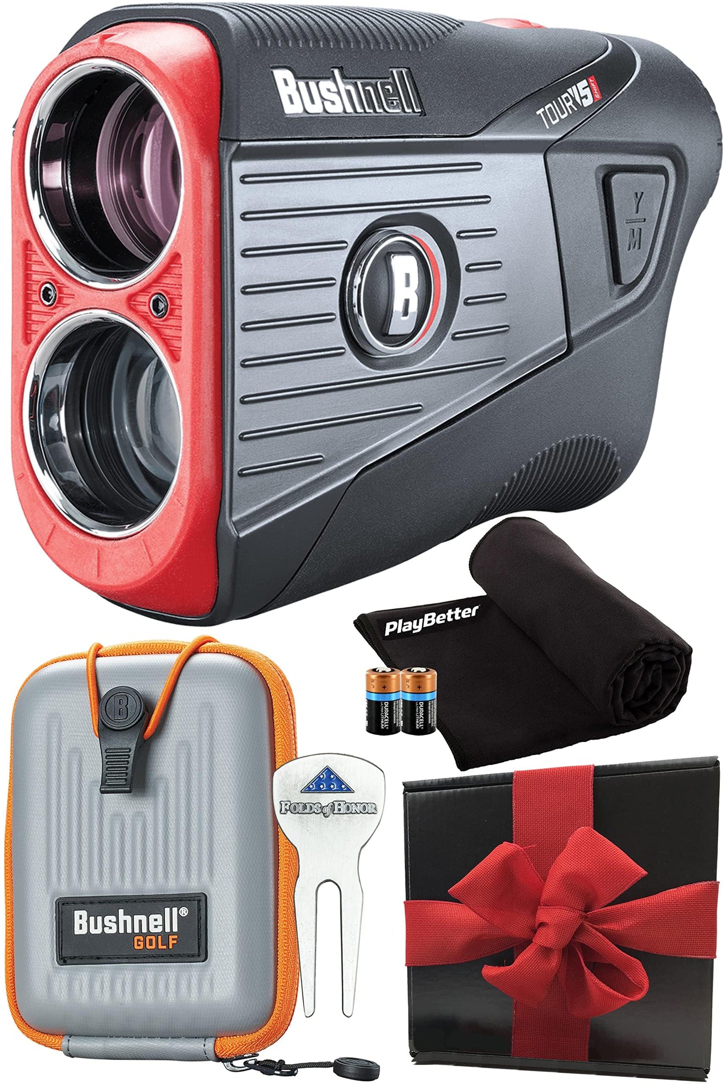 Bushnell Tour V5 Shift (Slope) Golf Laser Rangefinder Patriot Pack Gift Box Bundle with Pitchfix Tool, Case, Microfiber Towel, Two Batteries | Gift Box, Red Bow | 201911P
