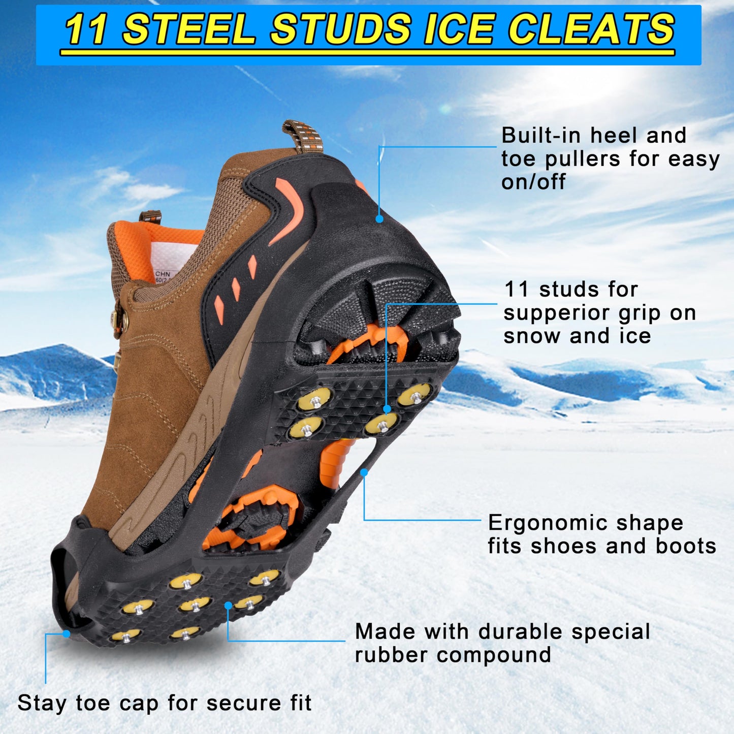 Ice Cleats for Shoes and Boots Crampons Anti Slip Snow Traction Cleats 11 Studs Snow Grippers Overshoe for Men Women Walking on Snow and Ice Slip-on Stretch Footwear