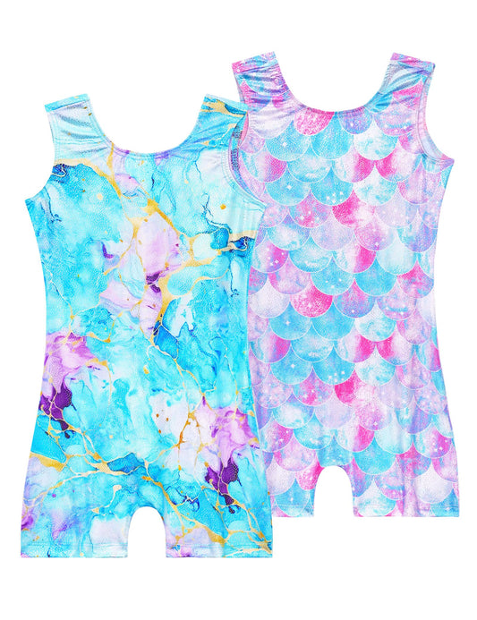 Nokecina Girls Gymnastics Leotards Size 6-7 Years Old 2 Pack Green Purple Biketards Kids Gym Outfits