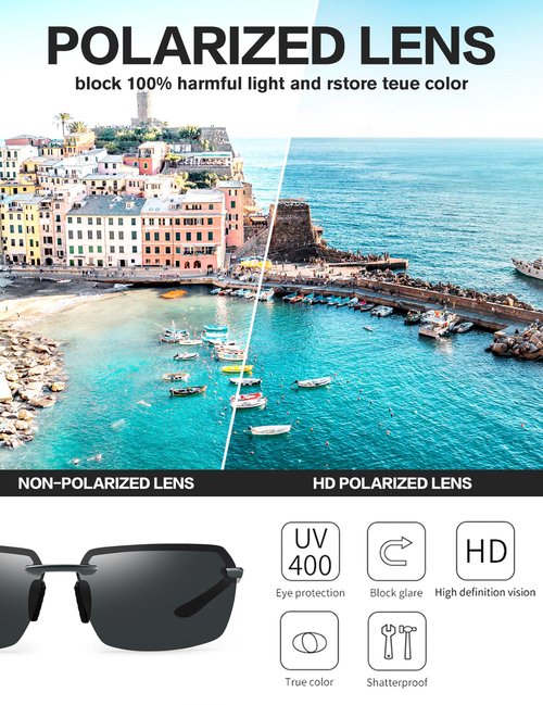 BIRCEN Mens Polarized Sunglasses for Driving: Rimless UV Protection Sun Glasses with Al-Mg Frame for Traveling Fishing