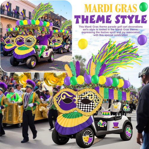Tasdurian 159 Pcs Mardi Gras Theme Parade Golf Cart Kit Decor Carnival Mask Banner Fan Flag Gold Green Purple Tinsel Foil Fringe Garlands Balloons Craft Feathers for Masquerade Party Supplies Decor