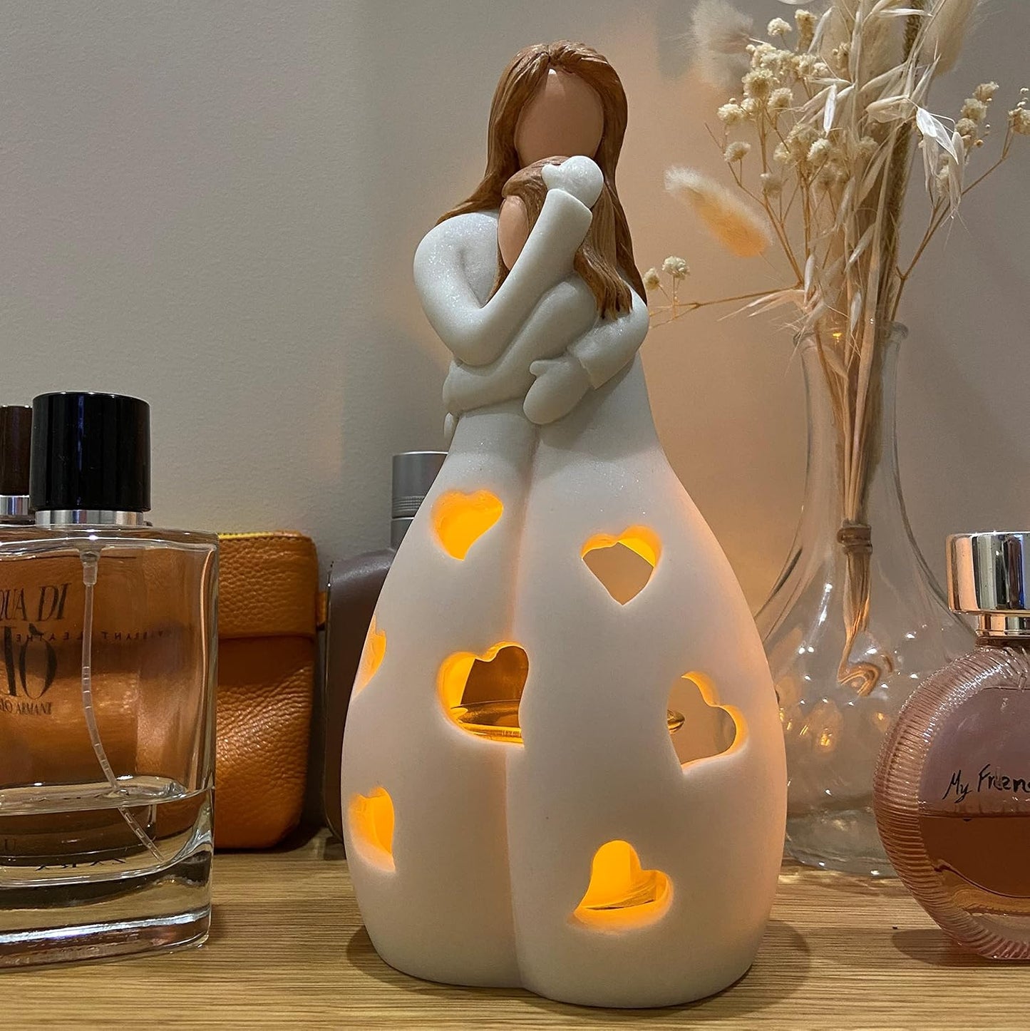 Regine Switzerland | Mother's Day Candleholder Statue with Flickering LED Light - Unique Gift for Mom | Seasonal Home Décor (Light Brown)