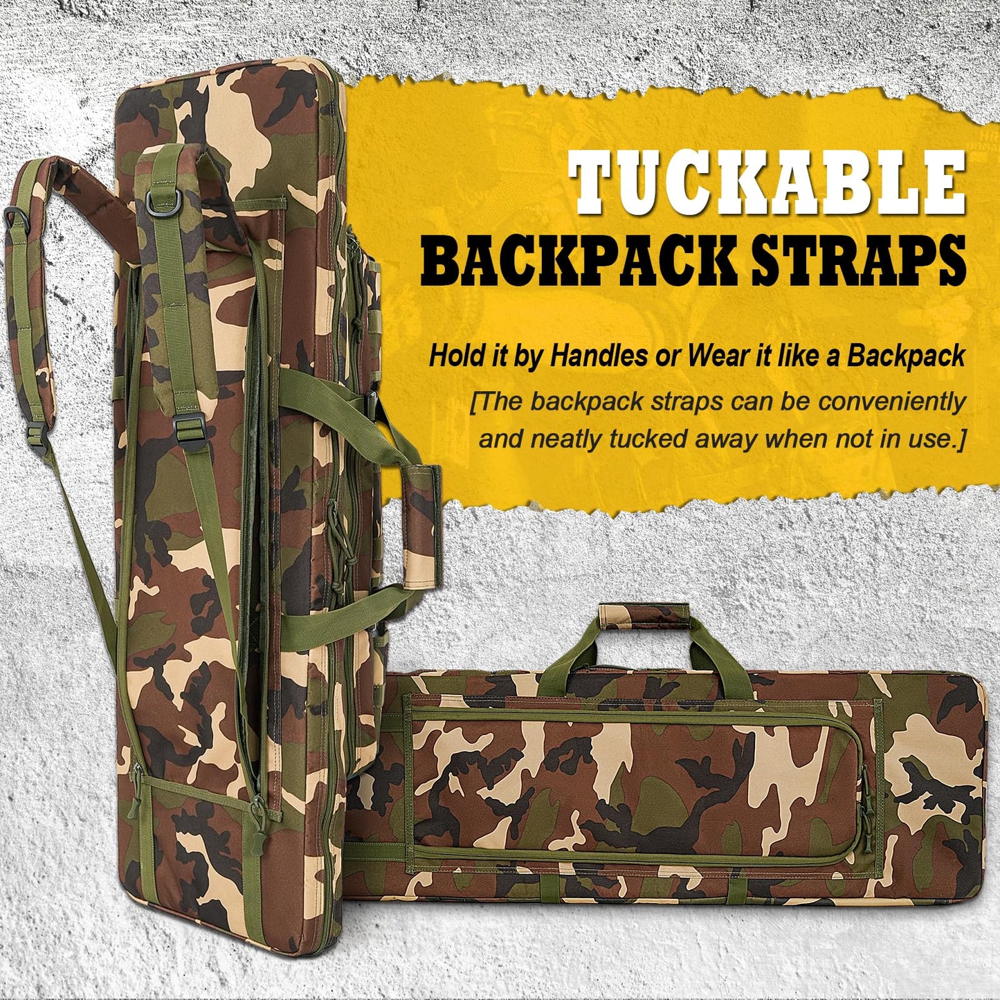DULCE DOM Double Rifle Case, Soft Tactical Backpack for Hunting Shooting Range, Dual Storage Gun Bag for 2 Rifles & Pistols with Lockable Zippers & MOLLE System(Camo, 36", Stowaway Backpack Straps)