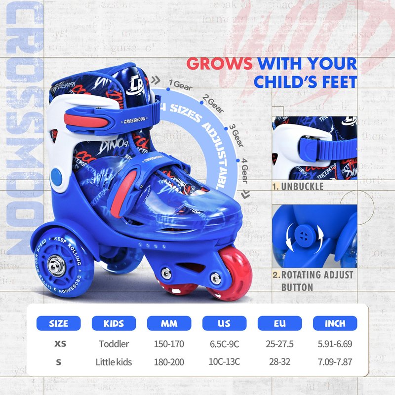 Toddler Roller Skates with Cool Dino Script Design, Kids Training Skating Shoes with Triple Safety Protection, 4 Adjustable Sizes, Light-Up Wheels (Captain Storm, XS-Small(6.5C-9C US))