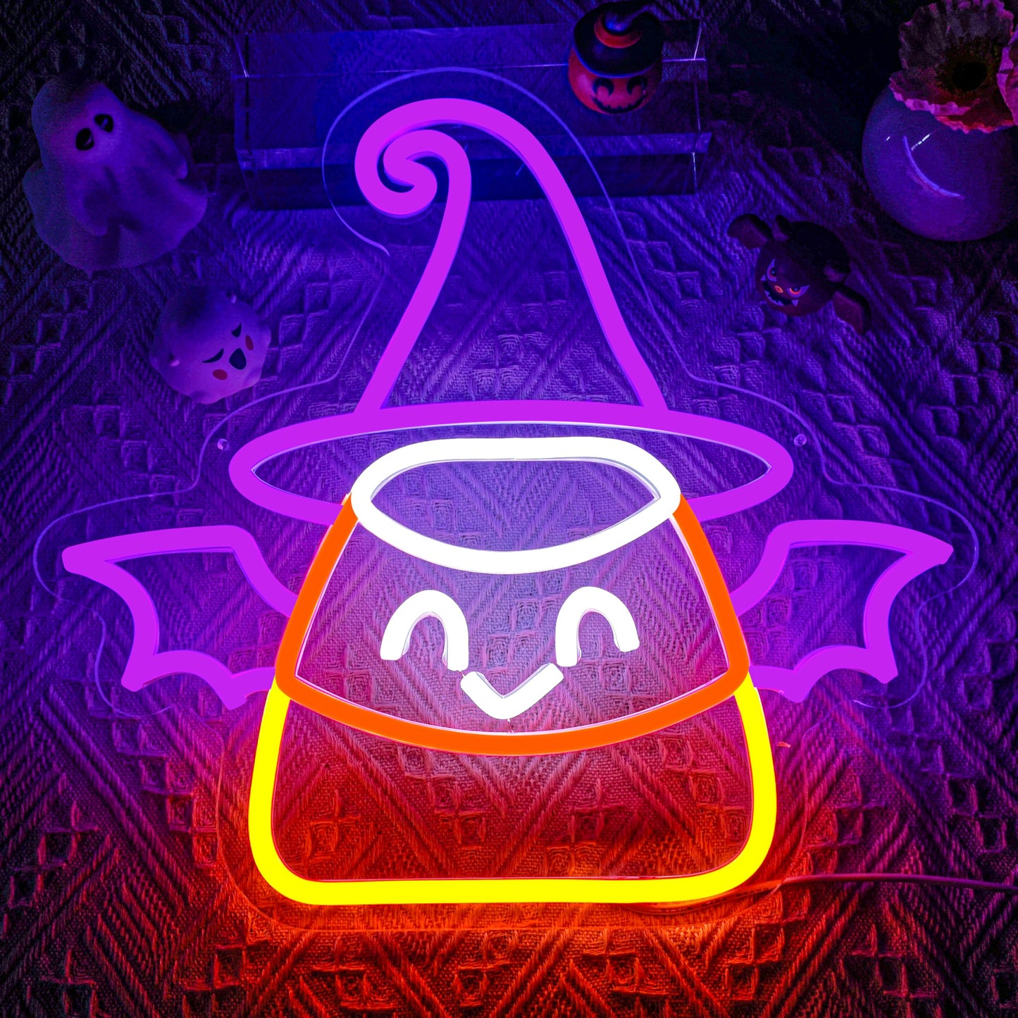 Halloween Neon Sign for Wall Decor Bat Led Sign Dimmable Candy Corn Neon Sign Witch Neon Light Up Sign Halloween Bedroom Kids Room Bar Horror Man Cave Game Room
