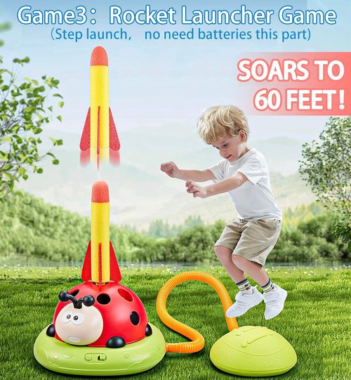 3 in 1 Musical Jump, Toss Ring Game and Stomping Launch Rocket Launcher for Kids Outdoor Toys with Remote Control, Indoor Outside Toy for Kids Ages 4-8 Toys for Ages 5-7 8-13 Birthday Gifts