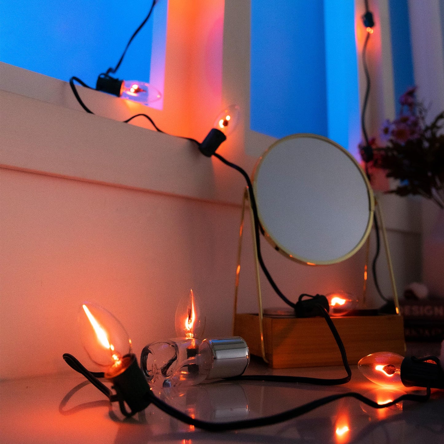 Flickering Flame String Lights Outdoor - C9 Pathway Flicker Fire Light Strand Plug in - Blood Twinkle Flames Light Bulbs for Fireplace Walkway - Halloween Decorations Twinkling Orange Bulb Lights