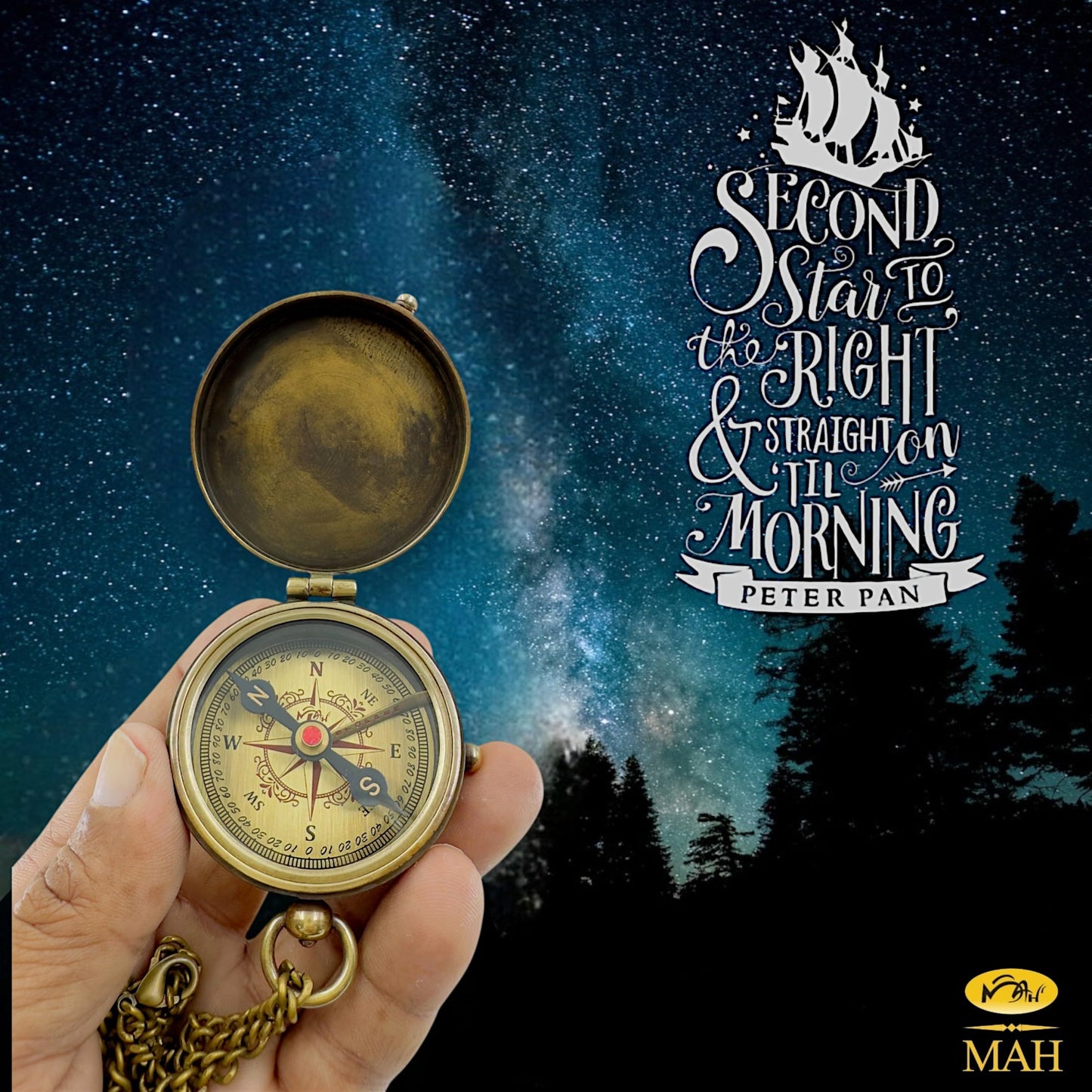 Brass Compass with “Second Star to the Right” Embossed Dial – Inspirational Pocket Compass Gift for Son, Daughter, or Friend | Motivational Keepsake for Graduation, Birthday, Christmas, or Travel gift