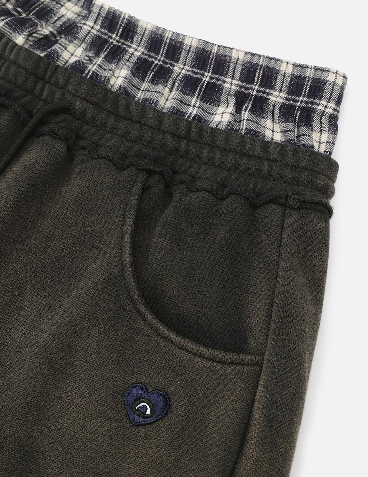 Aelfric Eden Double Waist Washed Baggy Sweatpants Loose Wide Leg Plaid Patchwork Casual Pants with Pockets Dark Grey Large