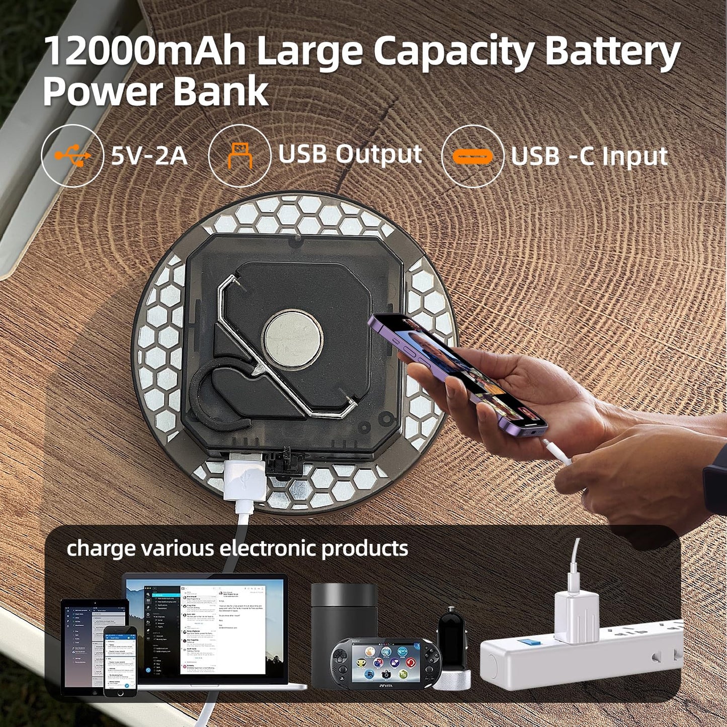 12000mAh (45W) Camping Hanging Tent Light Emergency Power Outage Lantern Home Use 5000LM 3 Modes IPX5 Waterproof Outdoor Walking Rock Climbing Work Rechargeable Camping Light