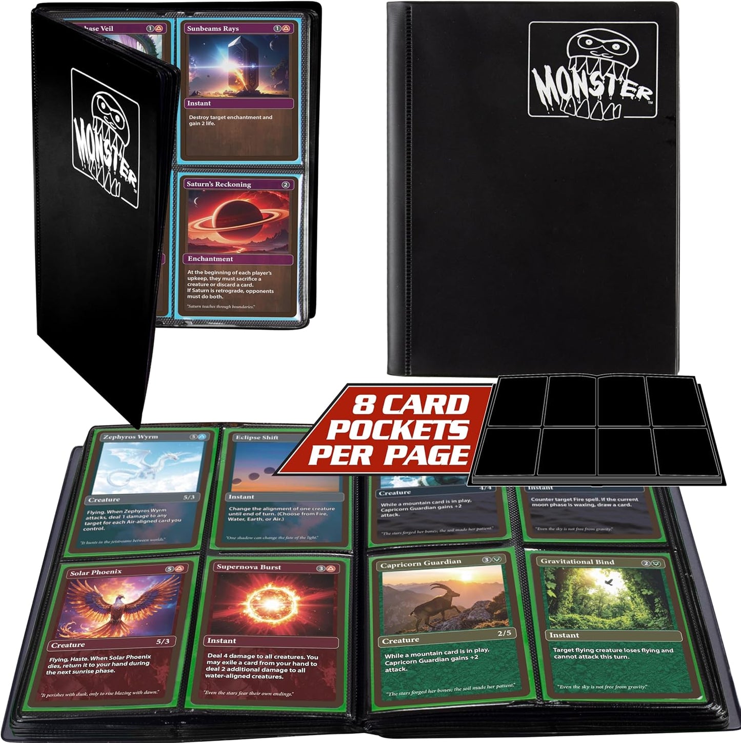 Monster Trading Card Album - Matte Black Anti-Theft Binder with Side Loading Pockets, Holds 160 Cards
