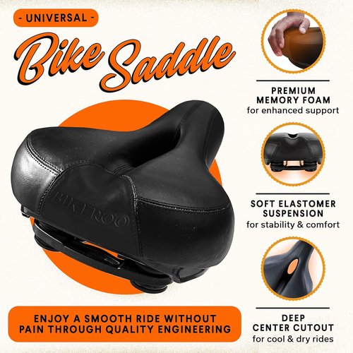 Bikeroo Comfort Saddle - Universal Fit for Indoor & Outdoor Bicycles | Memory Foam with Center Cutaway for Pressure Relief