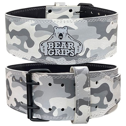 Bear Grips Weightlifting Belt, Leather Weight Belt for Men, Weight Lifting Belt for Women, Double Prong Gym Belt, Squat Belt, 5mm Powerlifting Belt, Deadlift Belt, Workout, Exercise - White Camo - XS