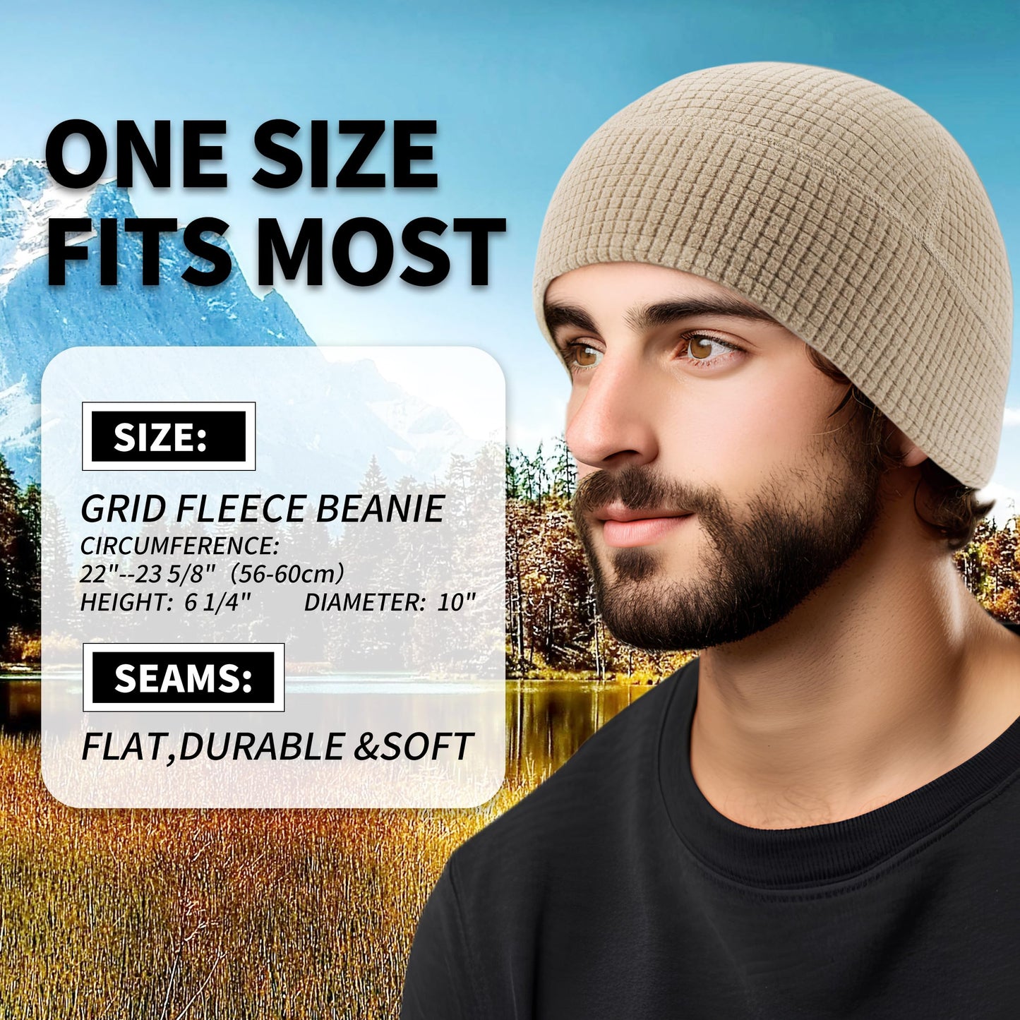 2 Pack Grid Fleece Beanie Watch Cap Waffle Tactical Beanie Multi-Season Army Military Fleece Hat, All Weather Gear, One Size, Black/Grey