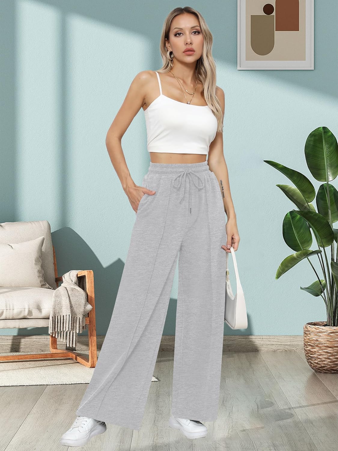 Missufe Women's High Waist Wide Leg Casual Joggers - Comfortable Lounge Pants with Pockets