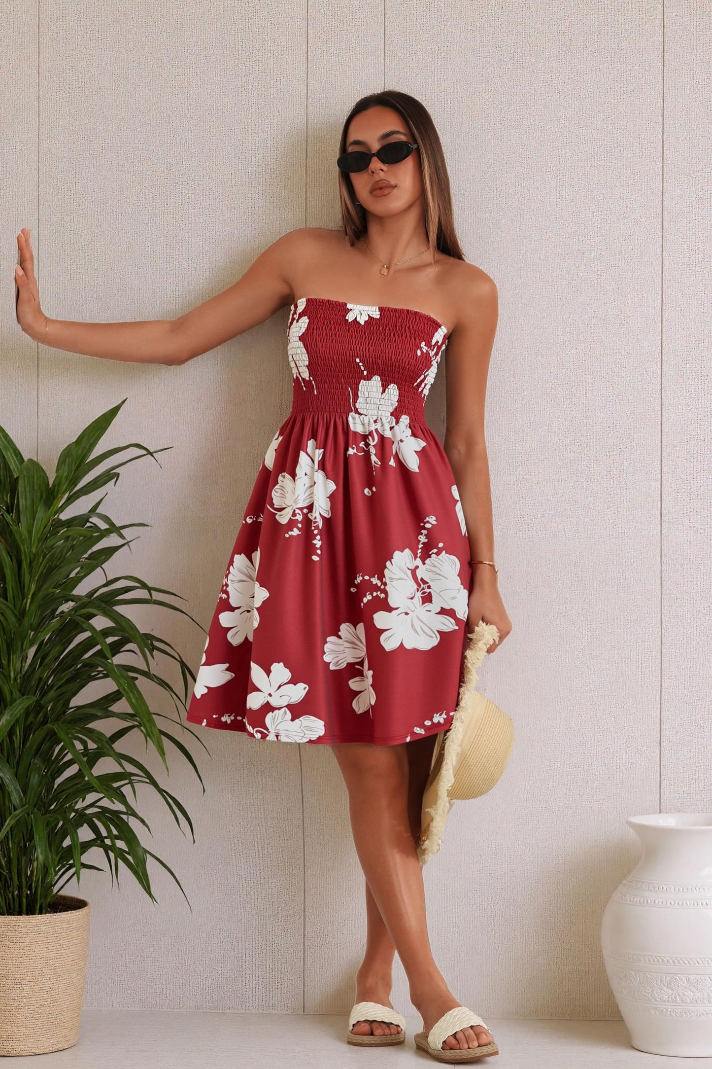 Sundresses for Women Casual Beach Summer Strapless Coverups Tube Tops Off The Shouder Dresses (WineRed,M)