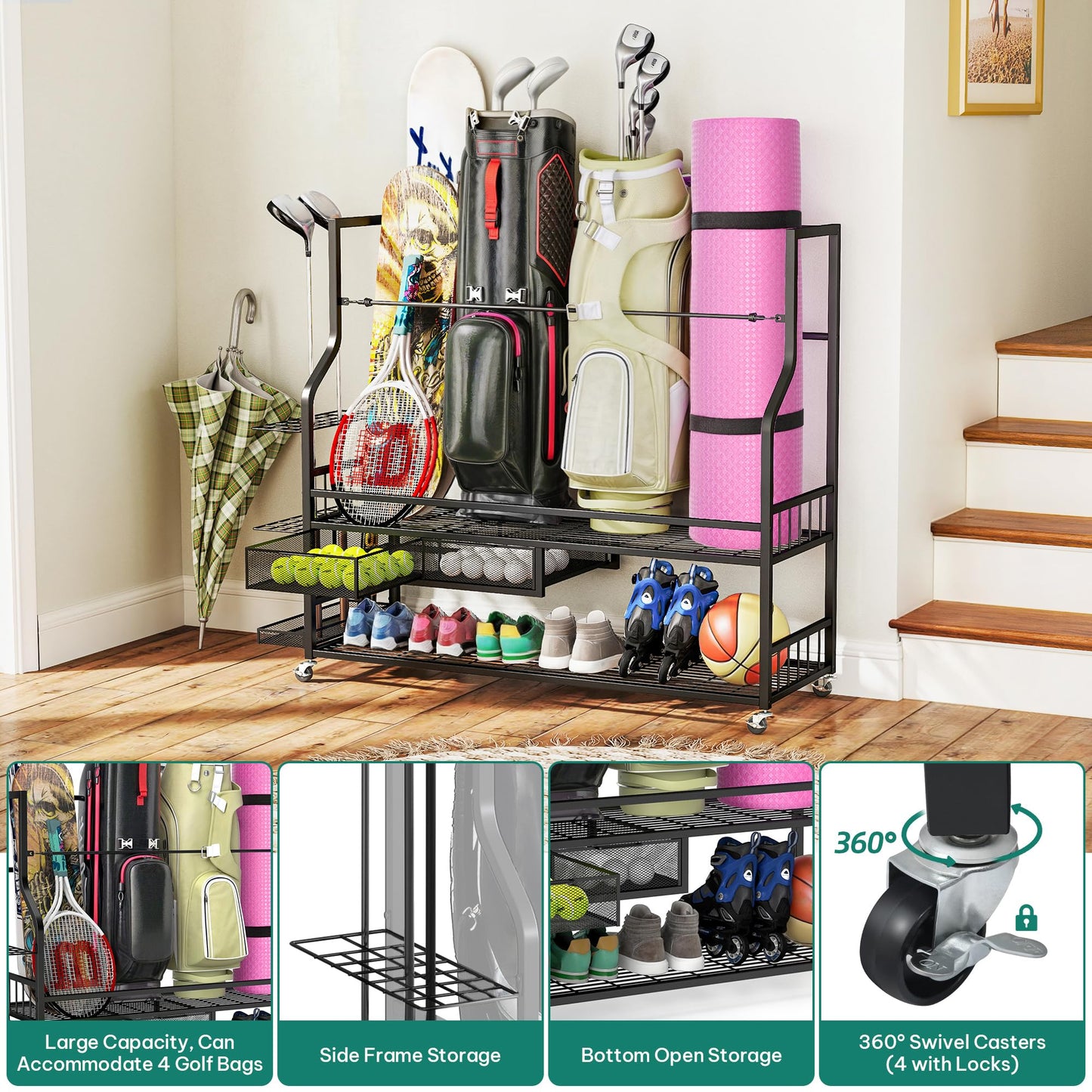 YITAHOME Golf Bag Storage Rack with Wheels, 4 Golf Bag Organizer for Garage, Club, and Shed, Features Drawer for Golf Bags, Clubs, Balls, and Other Sport Equipment