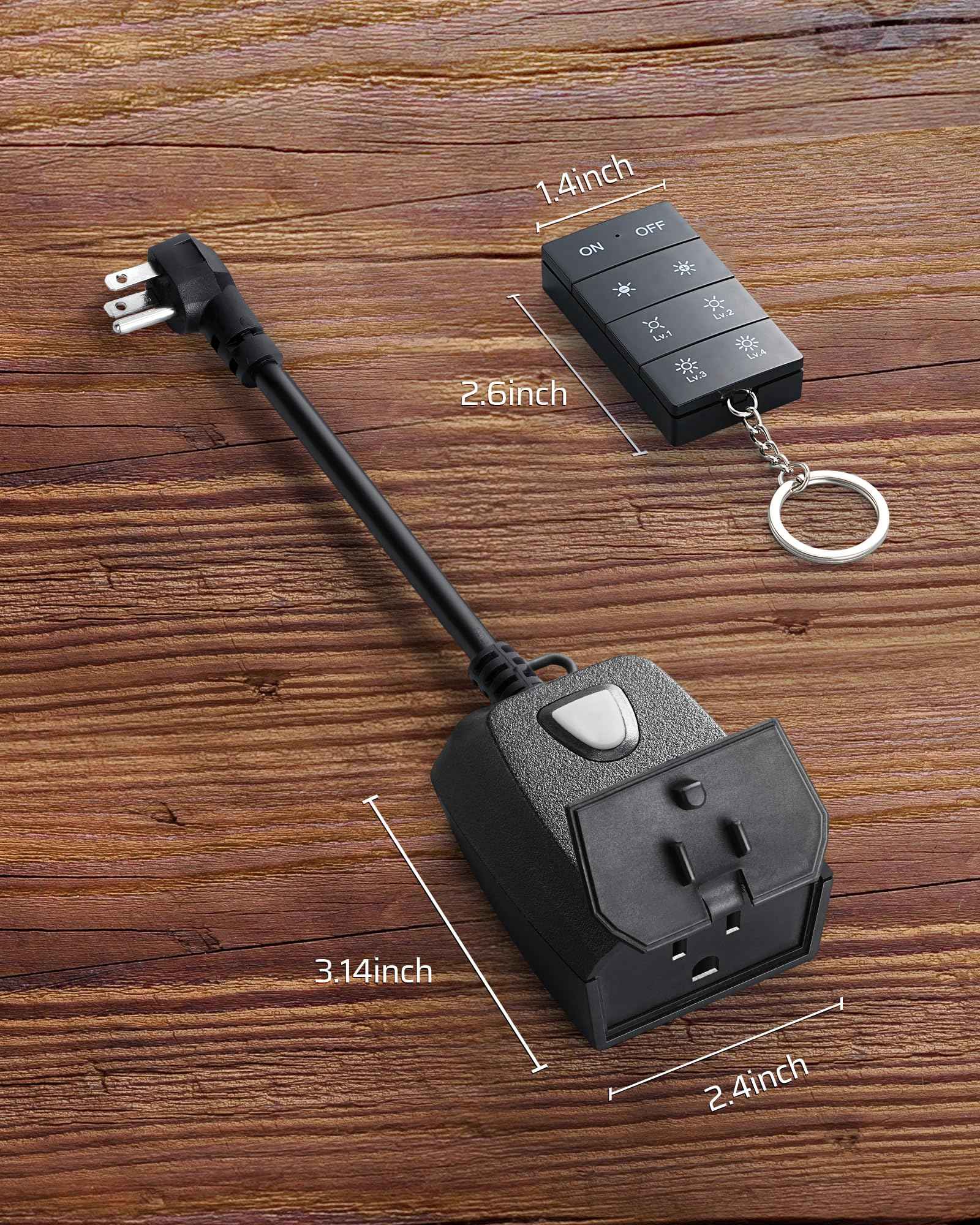 DEWENWILS Outdoor Dimmer for String Lights, 100FT Remote Range, IP44 Waterproof Plug-in Dimmer for Garden, Patio, Porch, 4 Level Brightness Button, Max 150W Dimmable LED/300W Tungsten Bulbs