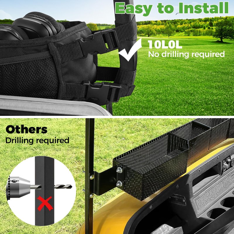 10L0L Universal Golf Cart Basket, No-Drilling Front Inner Dash Organizer for Yamaha, EZGO & Club Car, Heavy-Duty 1680D Oxford Fabric Dash Tray with Reinforced PE Support Frame
