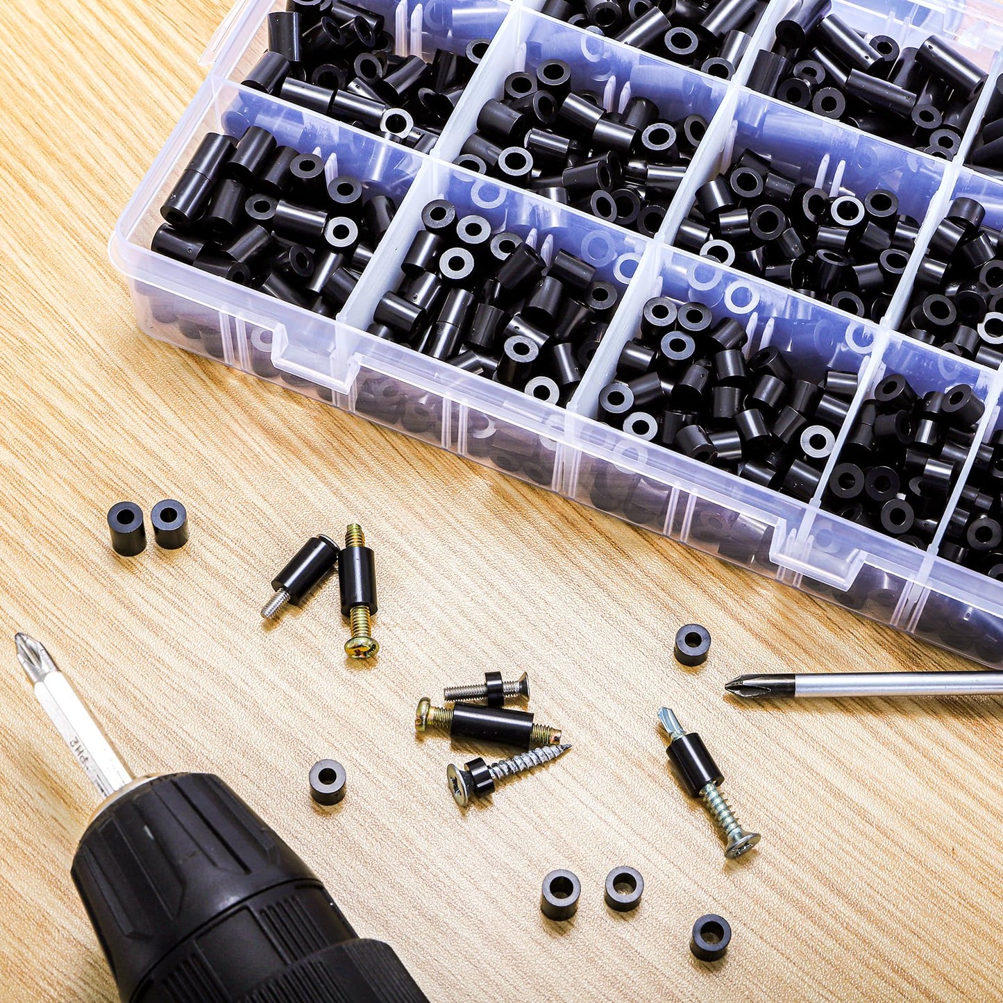 Acshio 1000 Pack Electrical Outlet Screws Spacers, Nylon Round Spacers for M3 M4 Screw, Black Spacer Electrical Outlet Assortment Kit Without Threaded for Electrical Screws, Switch, Receptacle