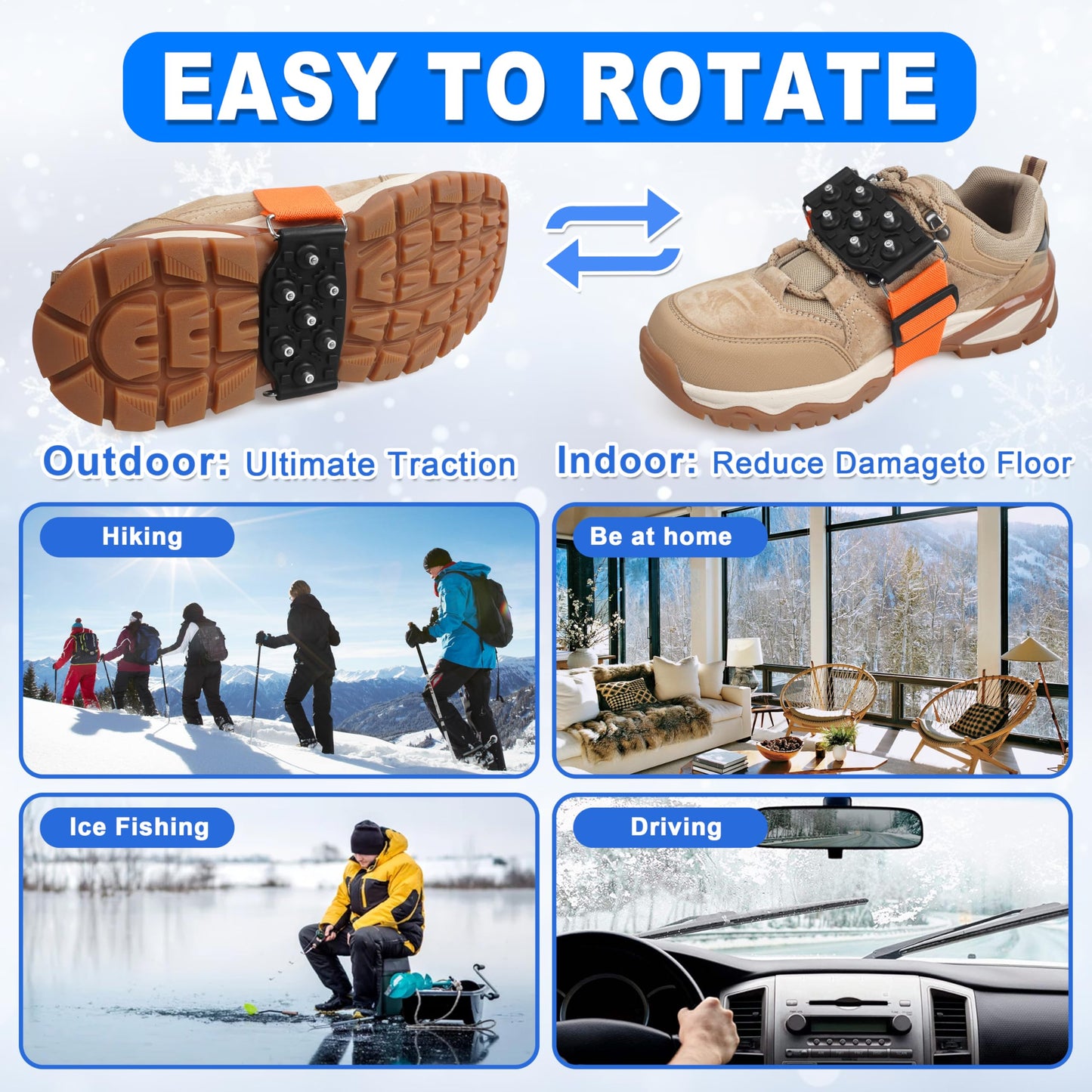Mid-Sole Ice Cleats Crampons Snow Traction Cleats for Shoes and Boots Non-Slip Crampons with Adjustable Straps 7 Tungsten Studs for Secure Grip for Walking Jogging Hiking (Large/X-Large, 2 Pairs)