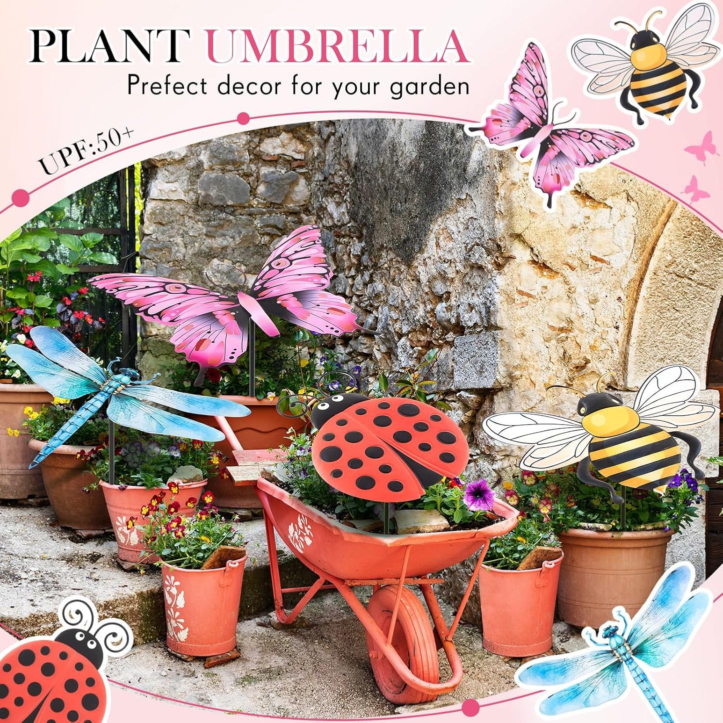 Reallnaive Small Plant Umbrellas - 4 Pack Cute Metal Garden Shade Covers for Potted Plants
