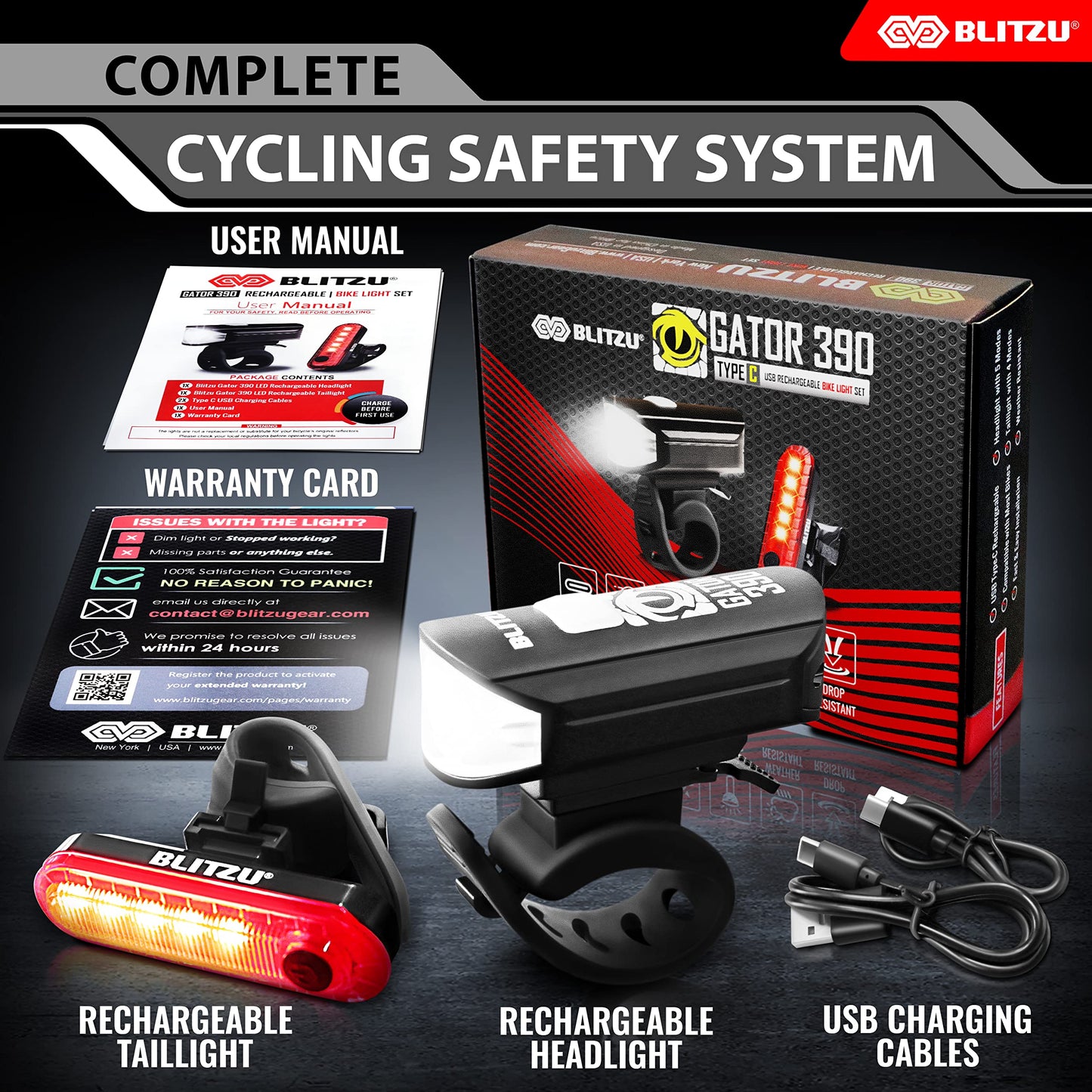 Bike Lights for Night Riding, Super Bright Bicycle Reflectors, USB Rechargeable Bike Lights Front and Back, Water-Resistant, 4+5 Modes Headlight Taillight Set for Safety, Men, Women & Kids Gator 390