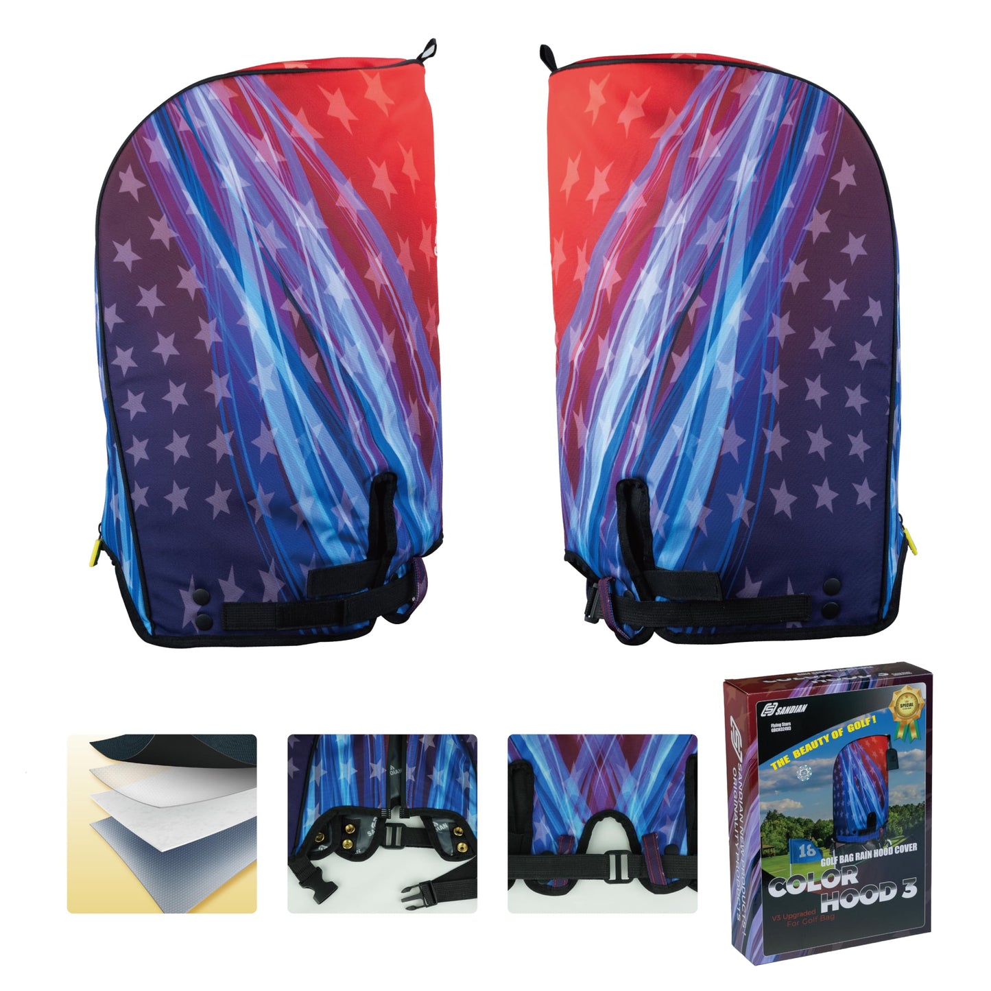 SANDIAN, Flying Stars, Golf Bag Rain Hood Cover, Waterproof 1260D Oxford Polyester, 12x20 Inches, Padded Protection, PU Coated, Two Sided Zipper, Adjustable Buckle Lock Fasteners, Snap Button Locking