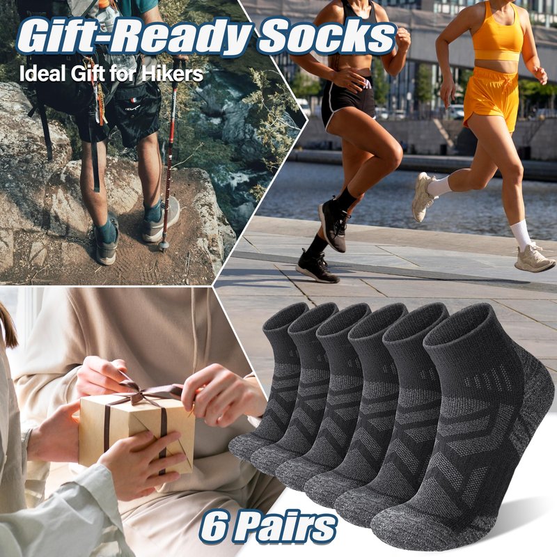 ANTSANG 6 Pairs Merino Wool Hiking Running Socks, Enhanced Breathability, Warm Quarter Ankle Socks for Men and Women(Black, L)