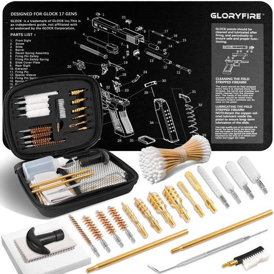 GLORYFIRE Gun Cleaning Kit Fits .22 .357/9mm .38 .40 .45 Cal Handguns & Pistols Compact Carrying Case Multiple Styles with Brass or Plastic Jags & Tips for Shooting and Range (Tactical Onyx)