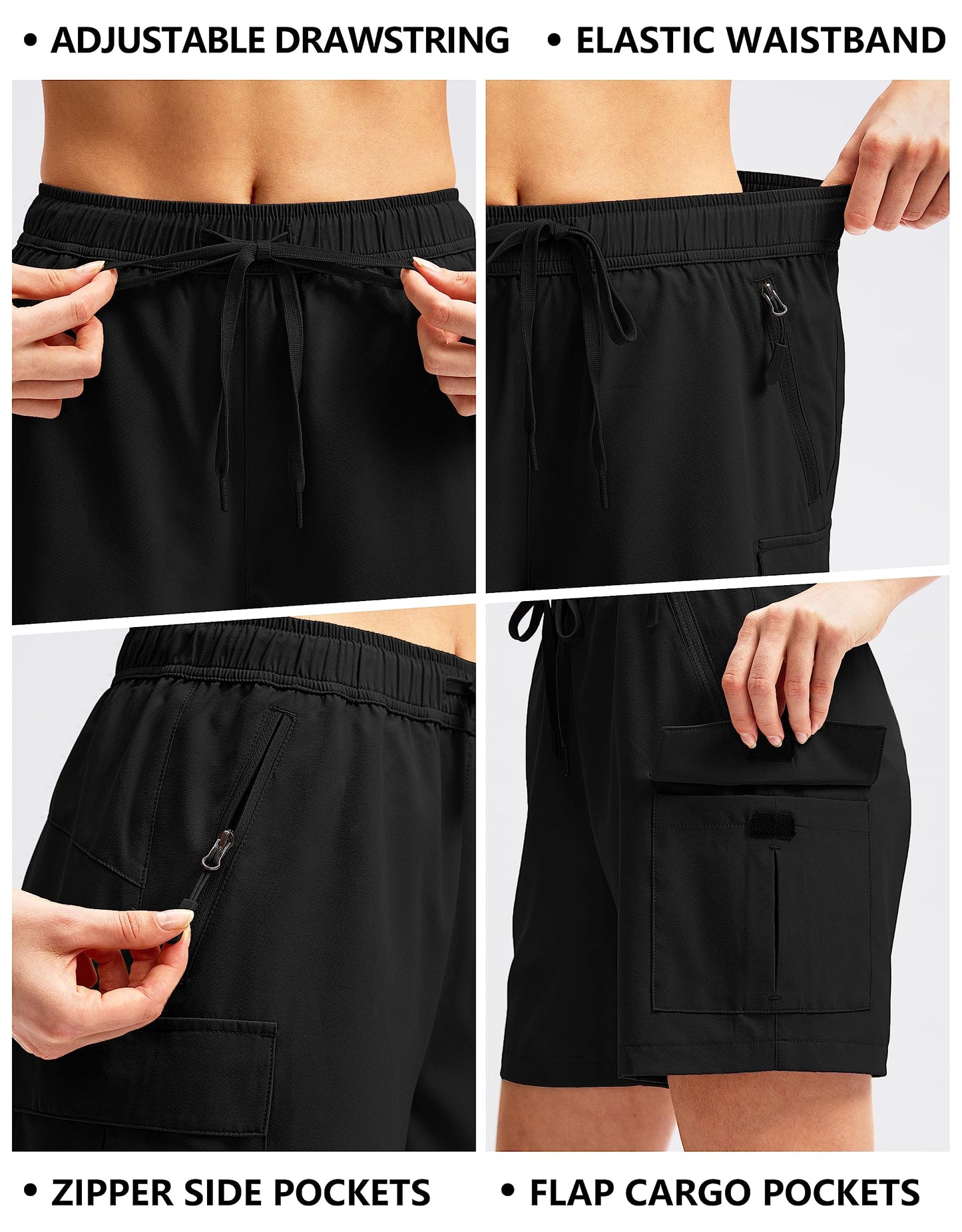 SANTINY Women's 5''/ 7''/9'' Hiking Cargo Shorts Quick Dry Lightweight Summer Shorts for Women Athletic Golf Zipper Pockets(Black_XXL)