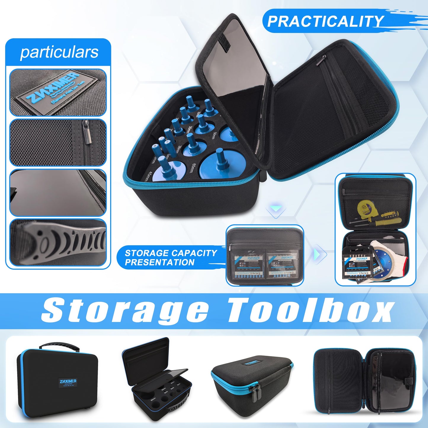 Diamond Tile Hole Saw Kit - ZNXIMER Porcelain Tile Drill Bits Set for Ceramic, Granite, Marble and More Drilling - 12pcs Diamond Core Drill Bits Set(6/8/10/20/25/28/32/35/45/65MM/2/10MM)