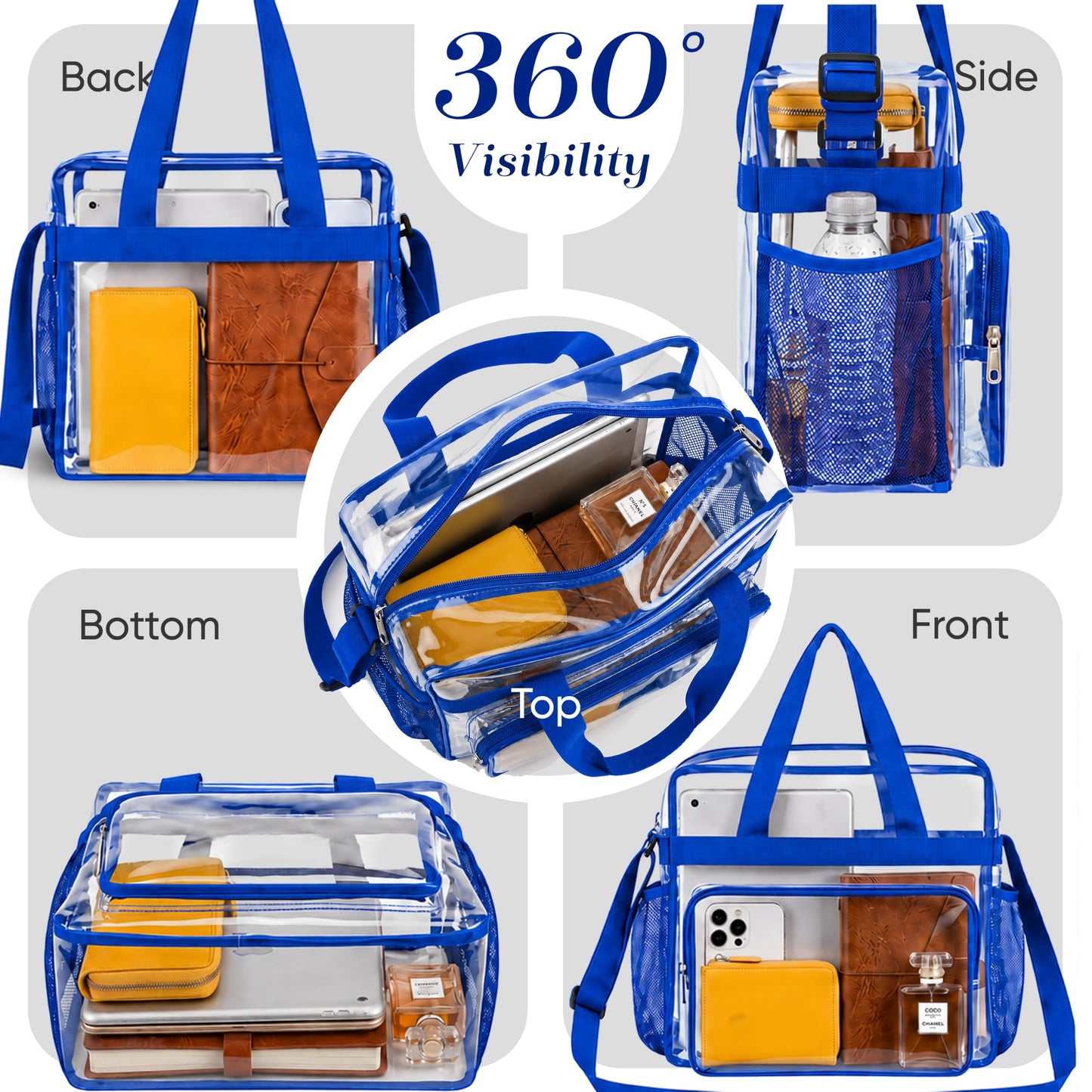 Masirs Clear Tote Bag Stadium Approved 12 x 12 x 6 - Zippered Top, Mesh Pockets & Shoulder Straps, Clear Bag for Work, Sports, Concerts - Meets Stadium Guidelines (Blue)