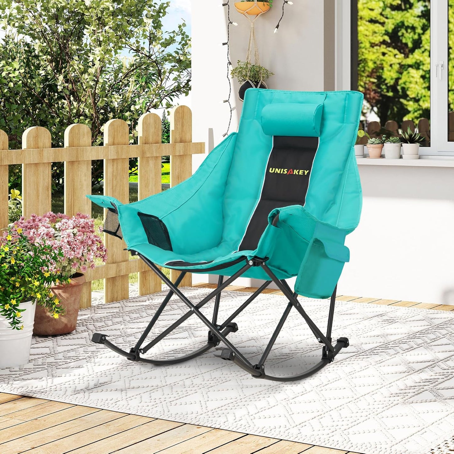 Unisakey Oversized Rocking Camping Chair - 400lbs Capacity, Headrest & Cup Holder, Portable Outdoor Rocker in Black/Green