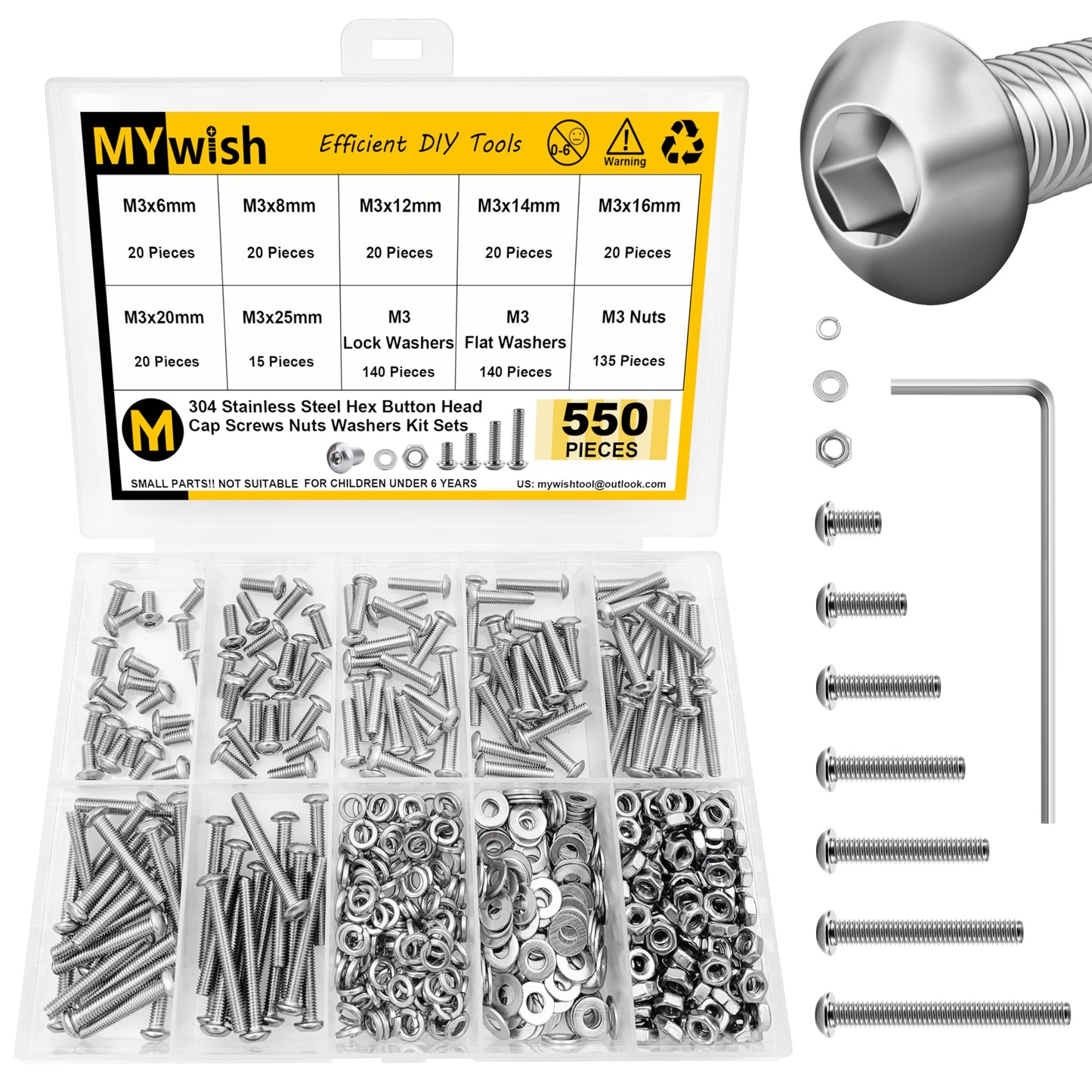 Mywish 550Pcs M3 Screw Metric Screw Assortment, 304 Stainless Steel Hex Socket Button Head, 3D Printer DIY Metric Bolt Assortment, Flat & Spring Lock Washers/Nuts/Hex Wrenche M3*6/8/12/14/16/20/25mm