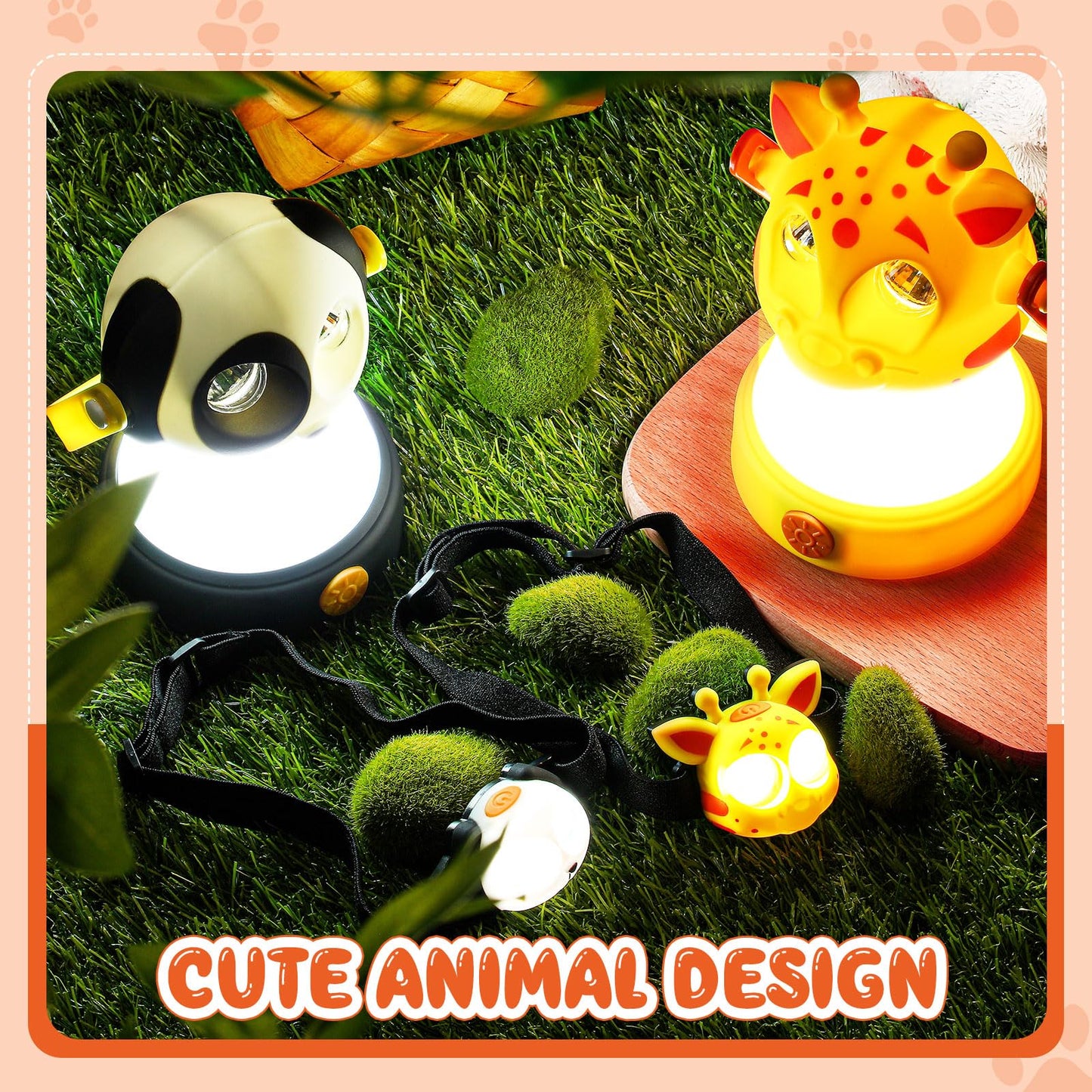 VIHOSE 2 Set Kids LED Camping Lantern and Headlamp 4 Pcs Animal Themed Camping Equipment Nightlight Battery Powered Night Light for Emergency Hurricane Lightweight Tent Lamp for Children(Dog, Giraffe)