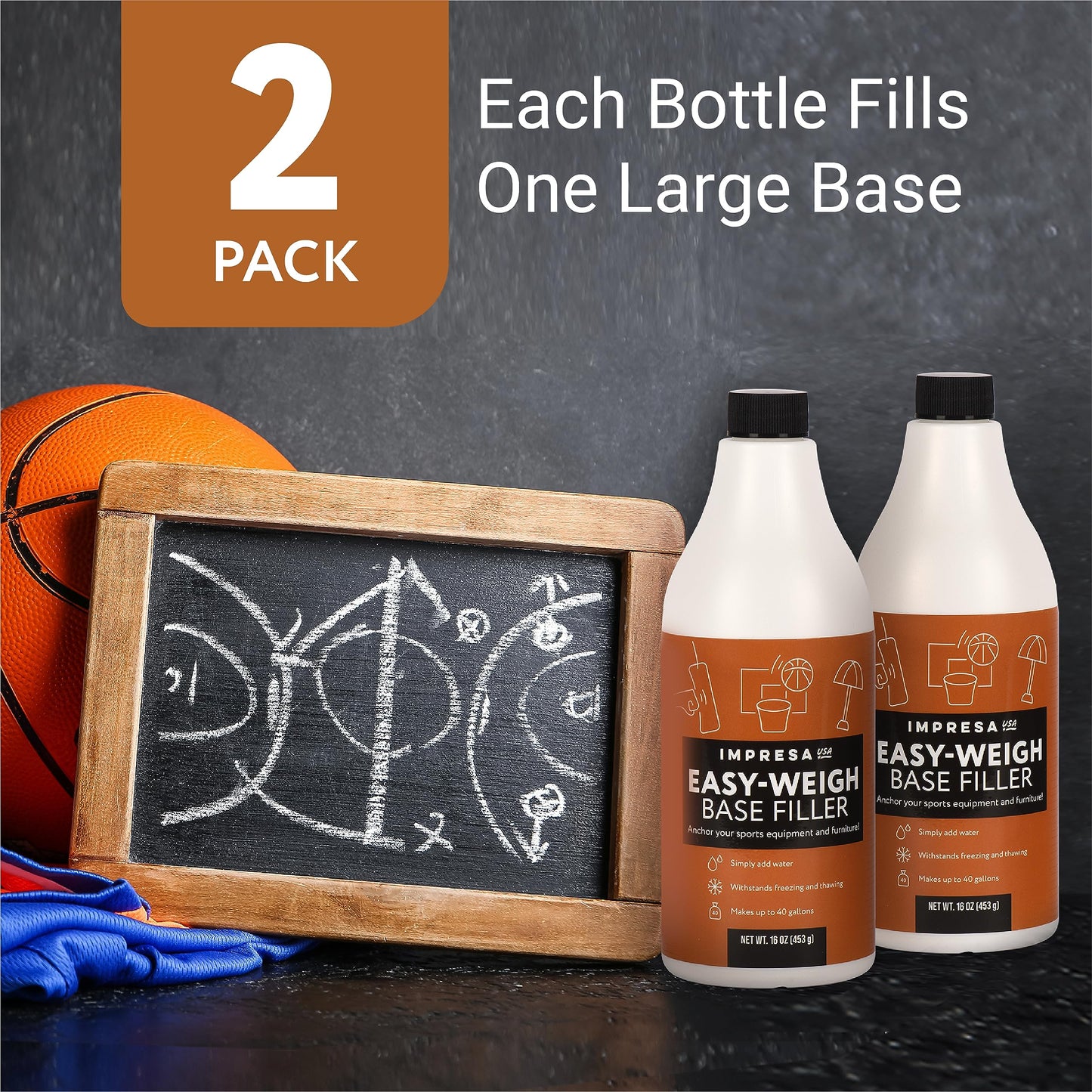 Impresa Polymer Base Filler - Pour Gel for Punching Bag Sand Filling - Stabilize Basketball Hoops with Basketball Hoop Filler Gel - Salt Water Dissolve & Sand Replacement - 2-Pack, 16 Fl Oz Each