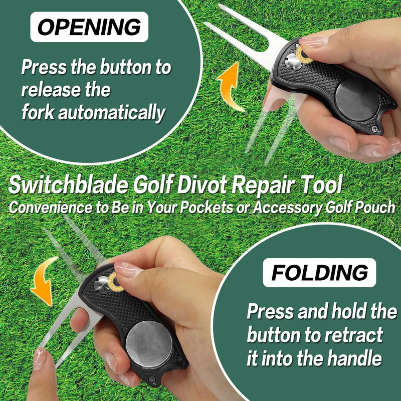 FINGER TEN Golf Divot Repair Tool and Ball Marker Switchblade Value Pack, Foldable Magnetic Stainless Steel with Pop-up Button for Men Women (2 in Black+2 Ball Marker)