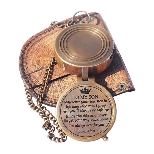 Brass Engrved Compass for Men, Pocket Compass with Leather Case, Antique Handmade Religious Gift Idea for Graduation, Communion, Baptism (to My Son, Love Mom)