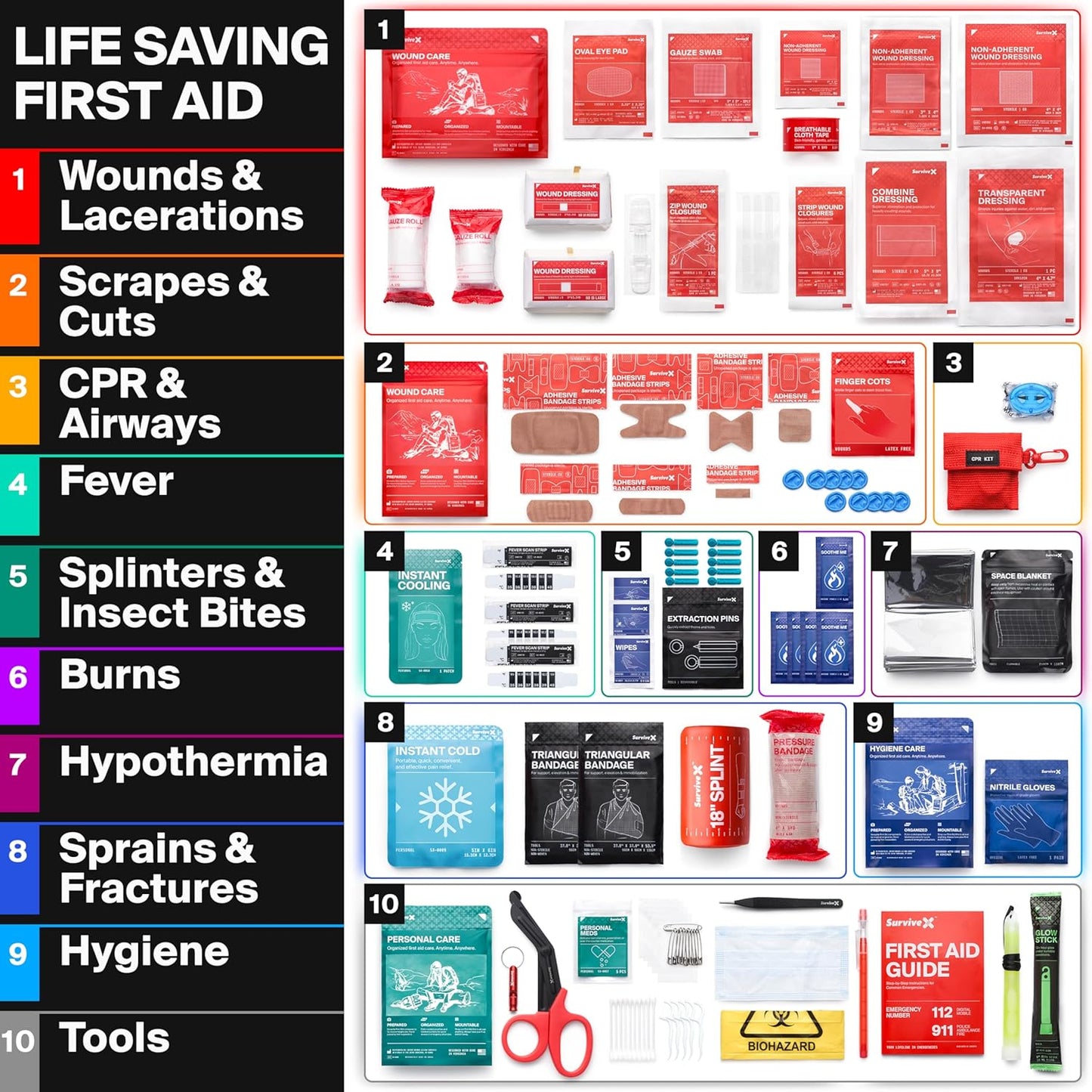SurviveX Large First Aid Kit - Essential Emergency Kit for Car, Travel, Hiking & Camping - Includes Zip Stitch Wound Closure Strips