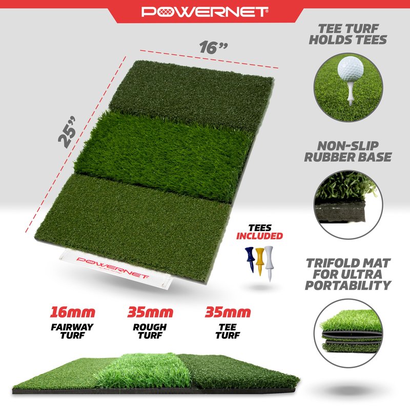 PowerNet Tri-Turf Golf Hitting Mat, Artificial Grass Practice Mat, 25" x 16" Hitting Space, Golfing Accessories Training Aid to Improve Swings