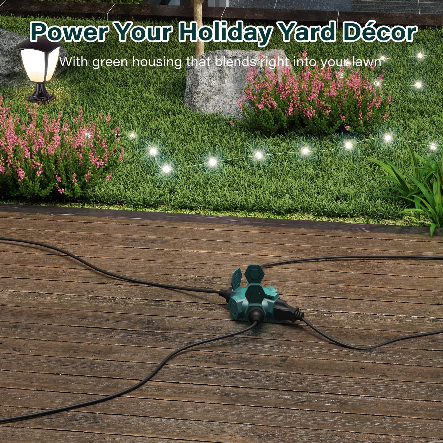 Elecan Outdoor 5-Outlet Power Splitter Plug Extender Hexagonal Hub Adapter with Safety Covers, 3 Prong Grounding Widely-Spaced with 15A Circuit Breaker&Indicator for Holiday Jobsite Garage-ETL-Green