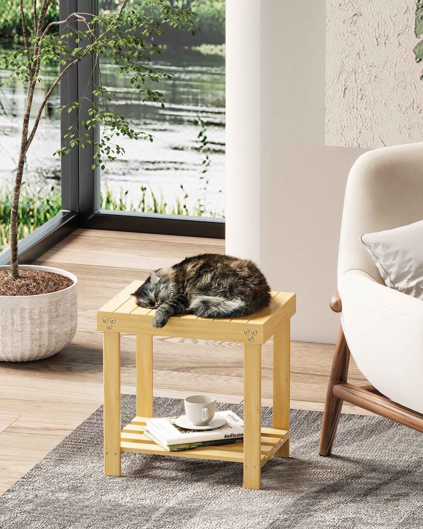 Bamneat Small Bamboo Bathroom Shower Bench with Storage Shelf, Durable Shower Stool for Shaving Legs, Indoor and Outdoor Use, Natural