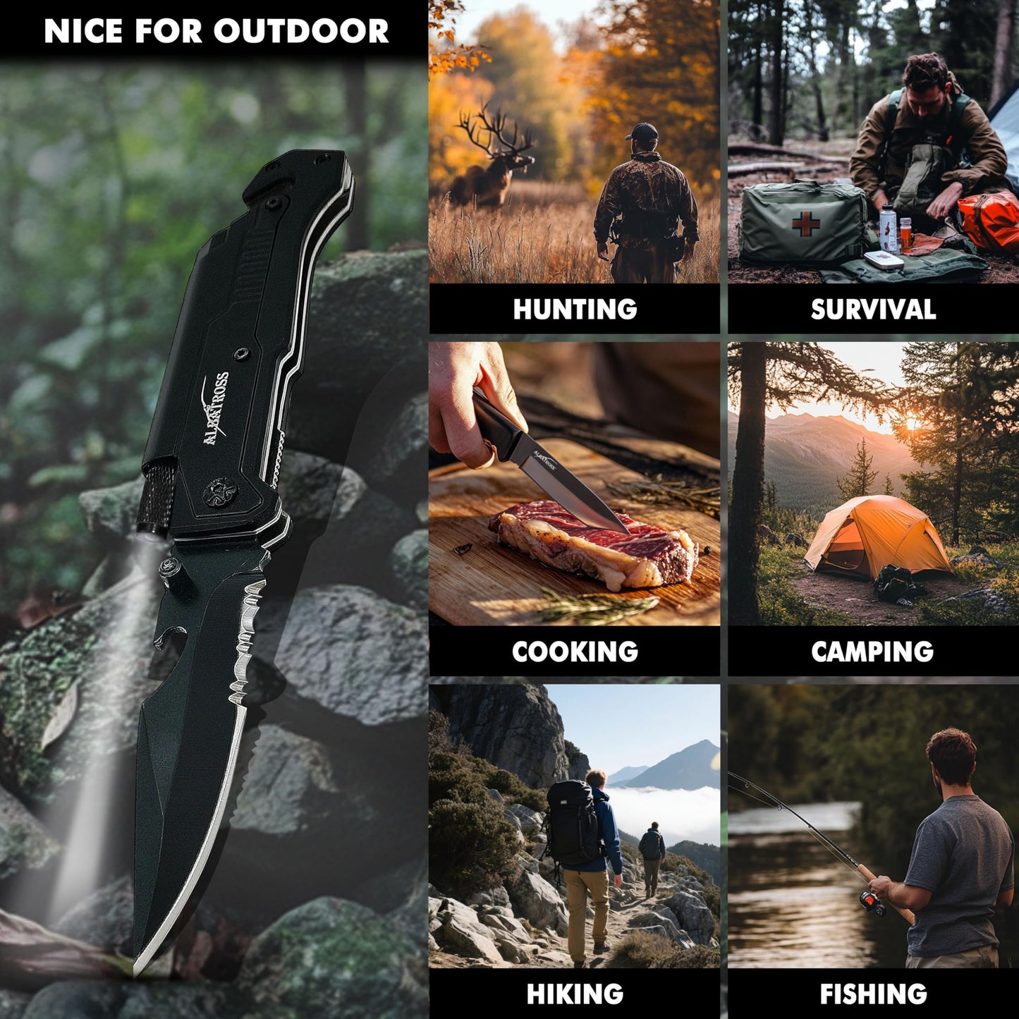 Father's Day, Mother's Day & Birthday Gifts For Men/Women: ALBATROSS 7-in-1 Tactical Survival Knife - Glass Breaker, Seatbelt Cutter, Serrated Steel Blade, Firestarter, LED Flashlight, Bottle Opener & Pouch | Military, Emergency, Outdoor Rescue Gear For D