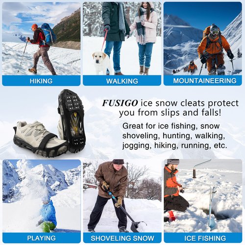 FUSIGO Ice Cleats for Shoes & Boots Snow Traction Crampons, 24 Stainless Steel Teeth, Non-Slip Walk Traction Cleats, Women Men Kids Hiking Walking Fishing Strap M, Black, Modern Style