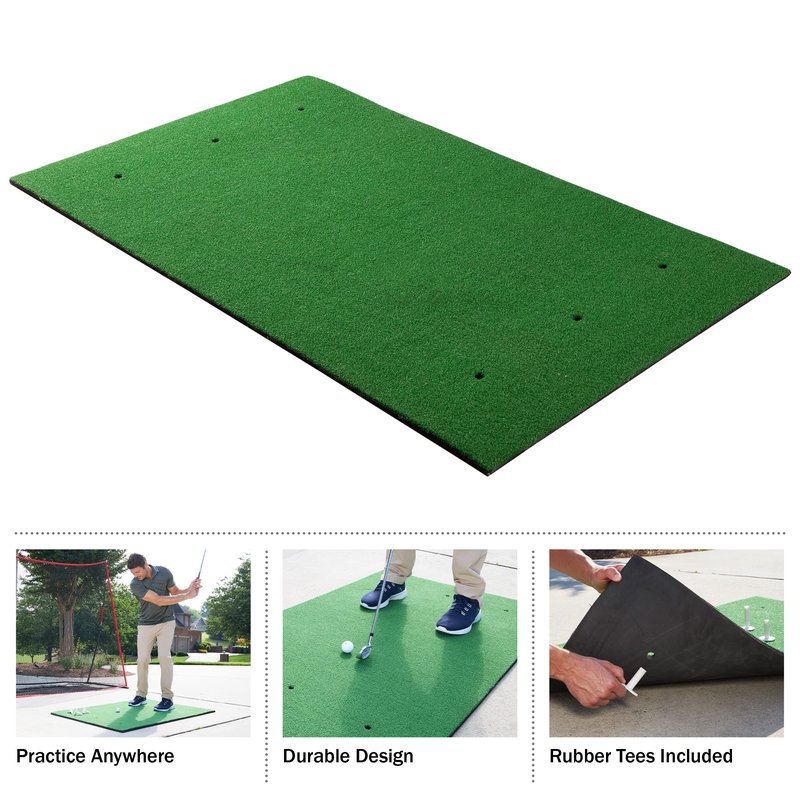 Golf Hitting Mat - 5x3-Foot Artificial Turf Training Mat with 3 Rubber Tees and 6 Teeing Positions - Outdoor or Indoor Golf Simulator by Wakeman