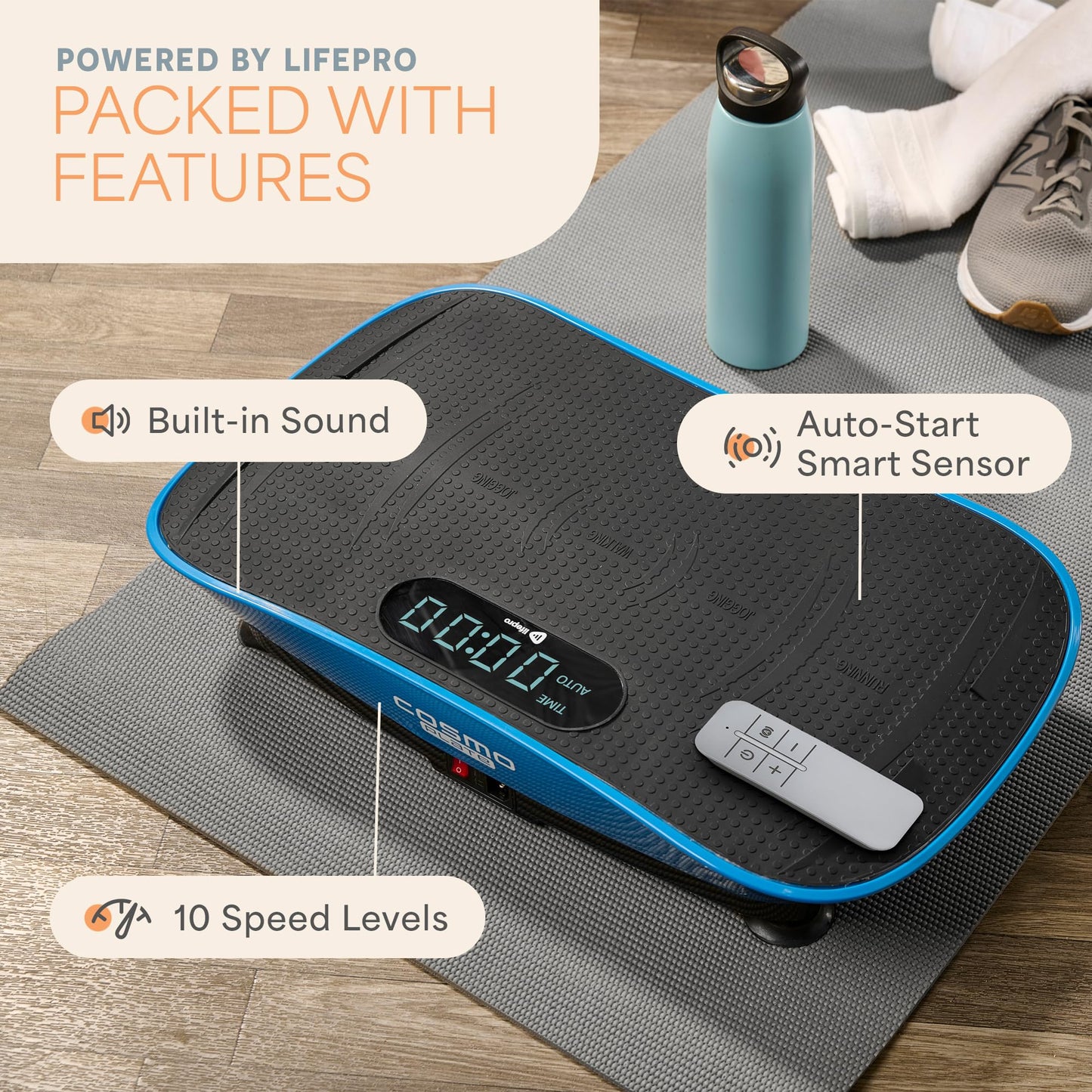 Lifepro CosmoPlate Vibration Plate Exercise Machine — Body-Sensing Auto Mode, Bluetooth Speaker Oscillating Vibrating Platform with Yoga Band — Whole Body Vibration Plate for Lymphatic Drainage
