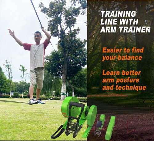 LONGLC Slackline Kit | Longer 73 ft Line with Training Line | Tree Protectors, Arm Trainervand Carry Bag | Tight Rope Slack Lines for Backyard | Children, Adults Green