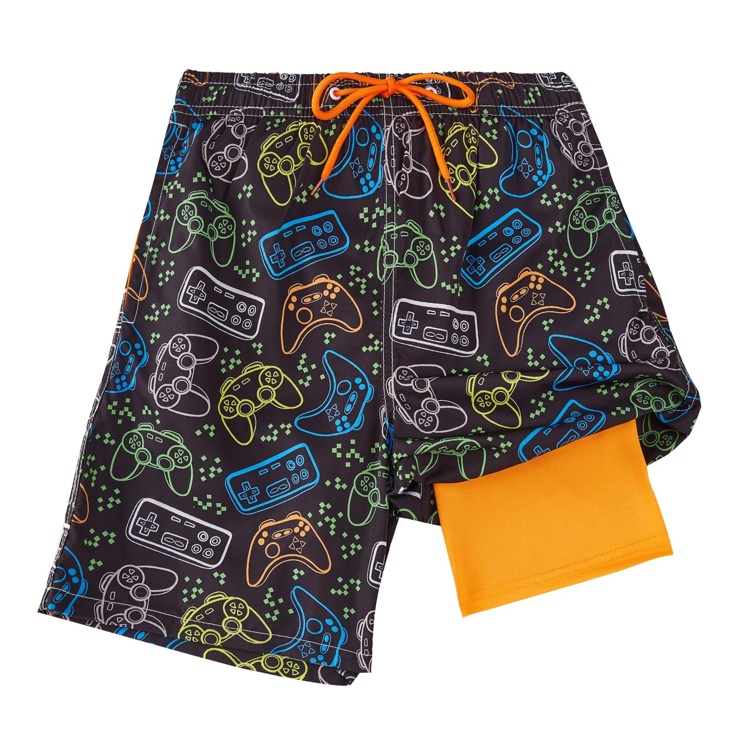 Boys Swim Trunks with Compression Liner Anti-Chafe, Boys Bathing Suit with Boxer Brief Liner, Game Controller Boy Swim Shorts Swimwear, Quick Dry UPF 50+ 4 Way Stretch Boy's Board Shorts, XL