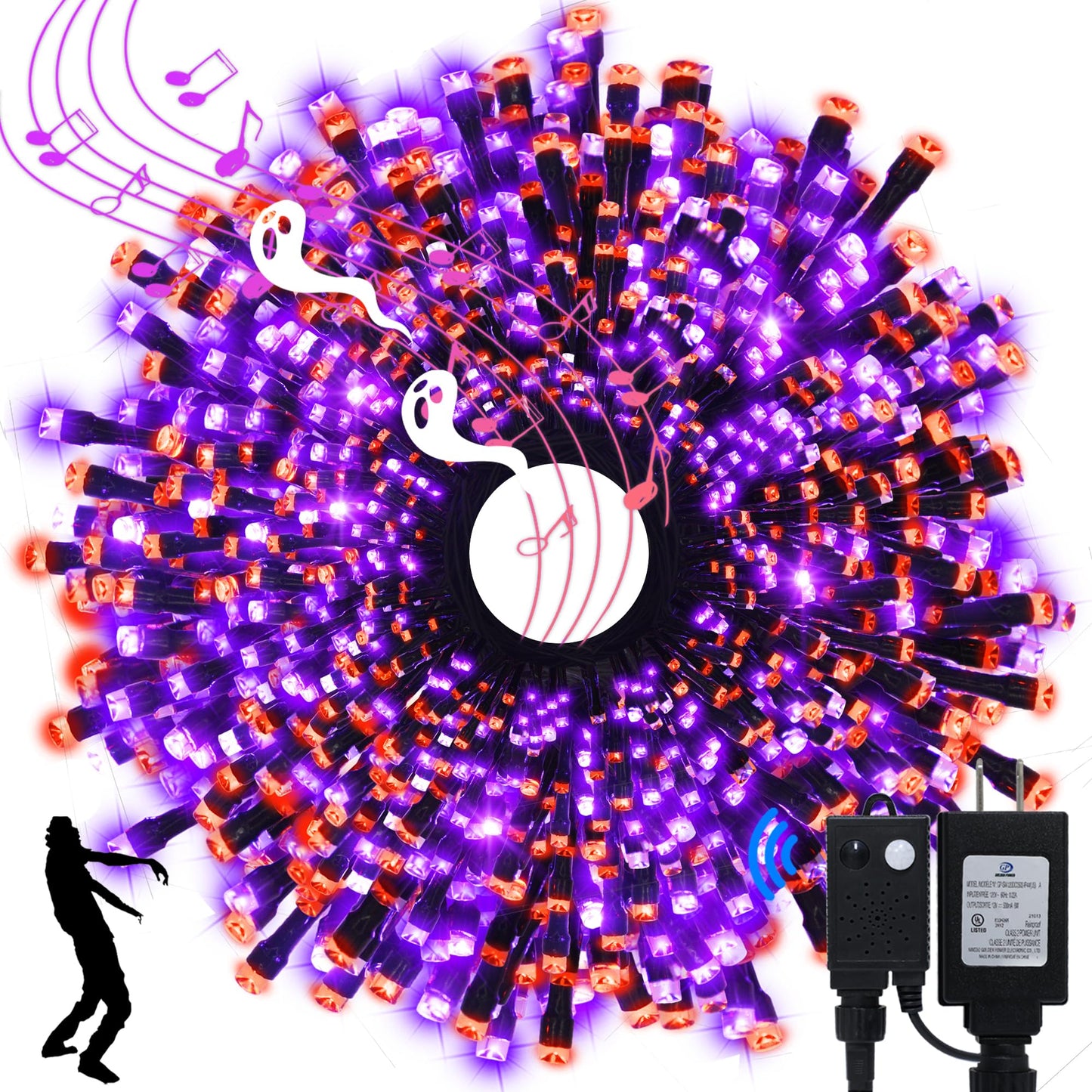 Connectable 400 LED Halloween String Lights, Motion Sensor Scary Sound 66Ft Orange and Purple Halloween Lights Outdoor Waterproof 4 Sound Effects for Yard Party Tree Decor